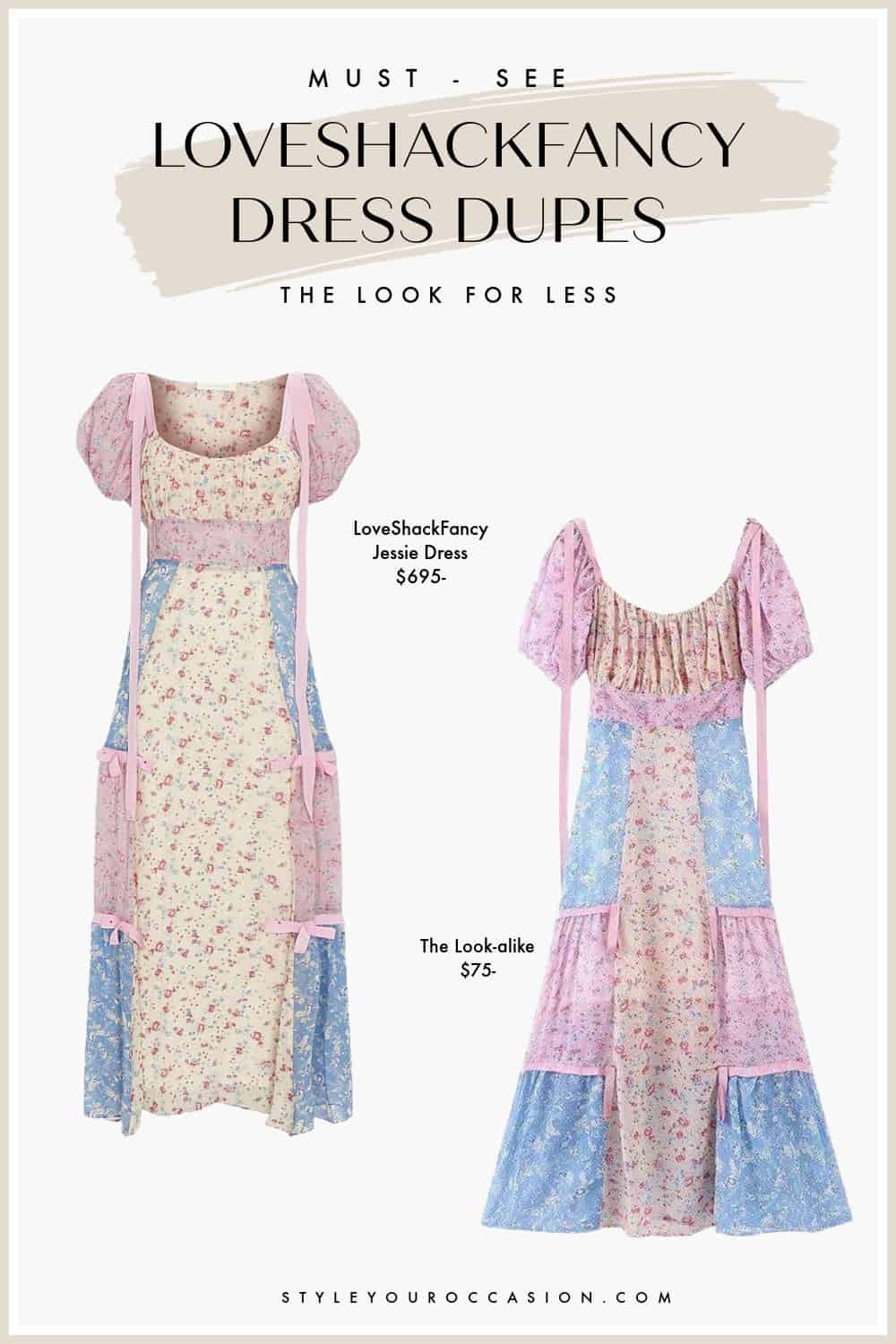 image comparing two pink floral patchwork midi dresses, one from LoveShackFancy, the other a dupe from Etsy