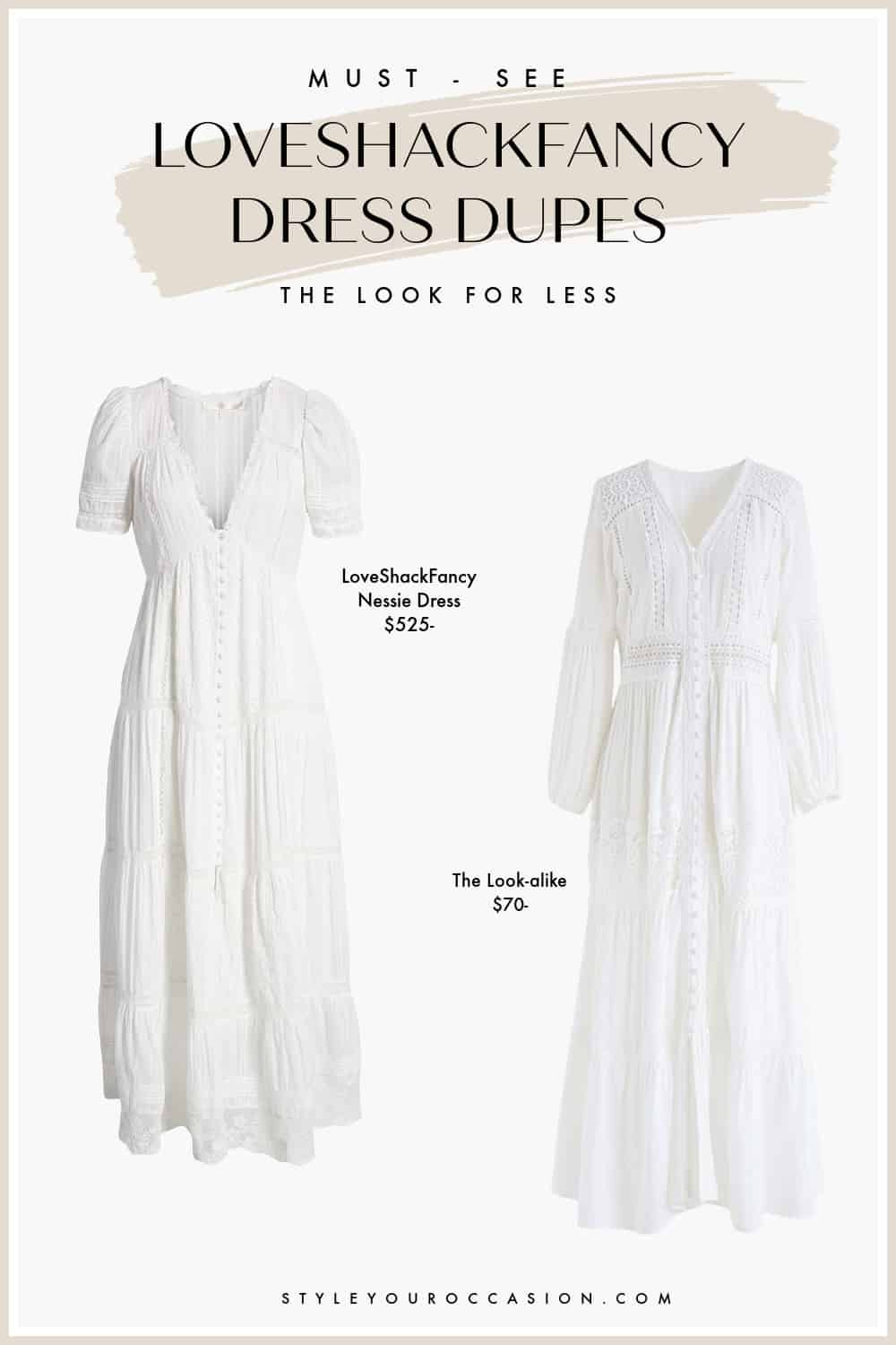 image comparing two white maxi embroidered eyelet dresses, one from LoveShackFancy, the other a dupe from Chicwish
