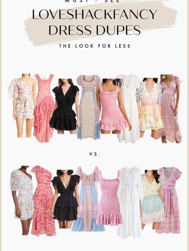 Pinterest collage with nine pretty dresses from LoveShackFancy and nine look-alike dresses