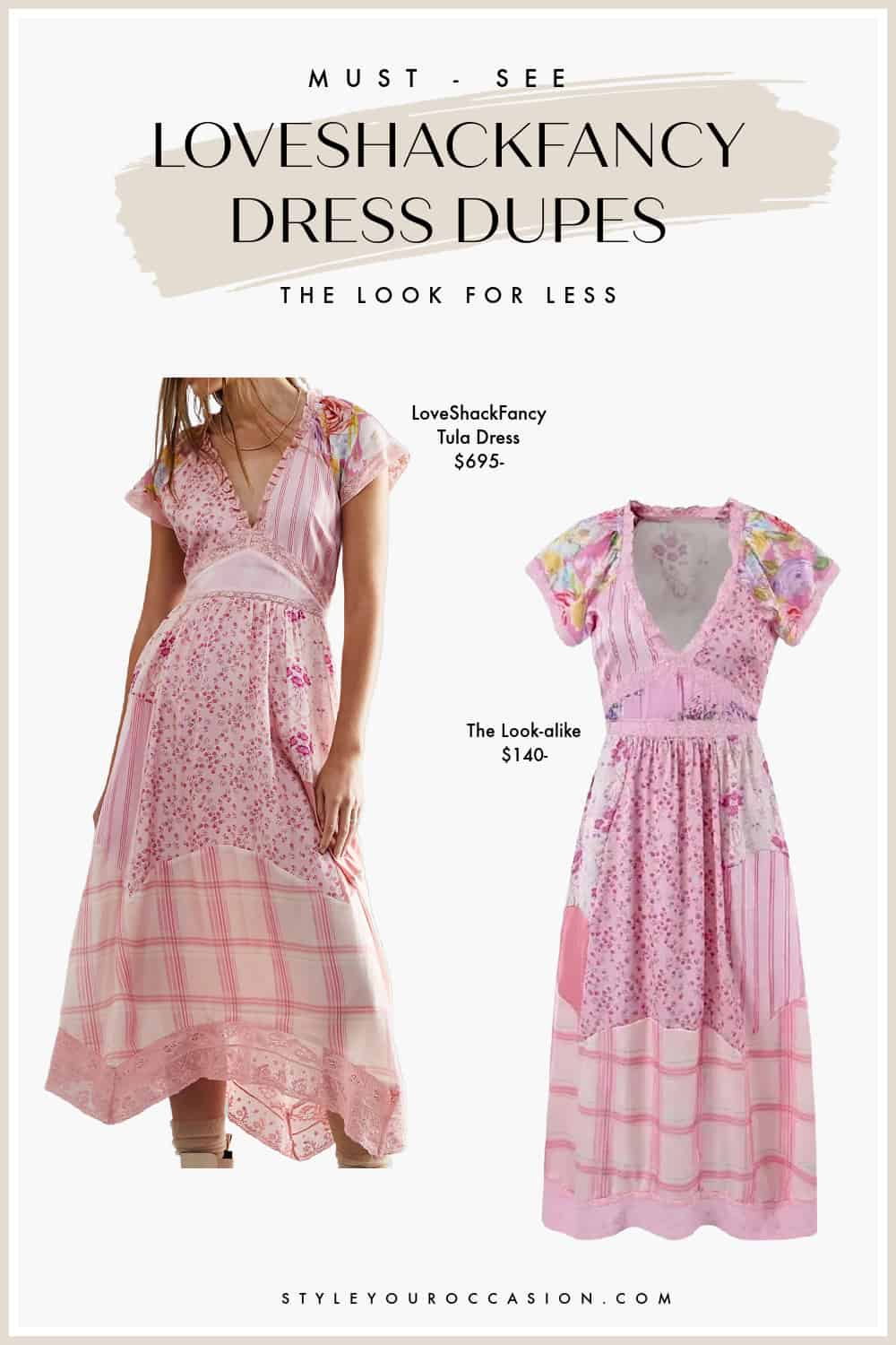 image comparing two pink floral patchwork midi dresses, one from LoveShackFancy, the other a dupe from Etsy