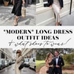collage of images of women in stylish outfits with long dresses