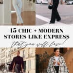 collage of images of women in workwear outfits that are modern from stores like express