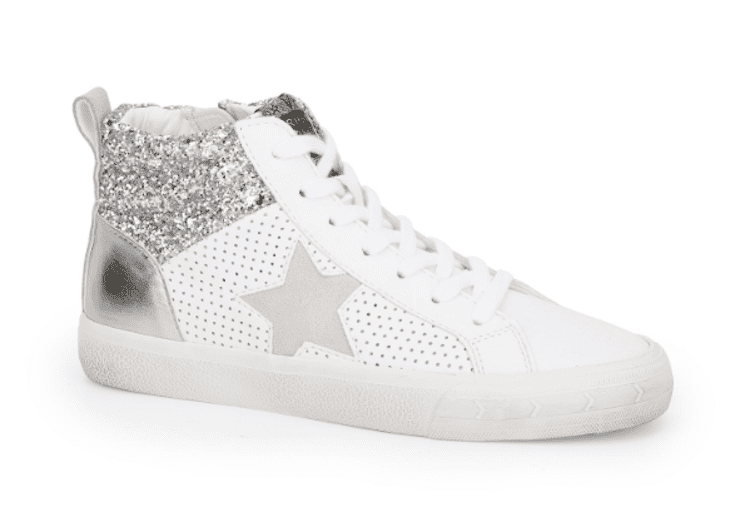 image of a white high top sneaker with silver glitter on the top and a star detail on the side