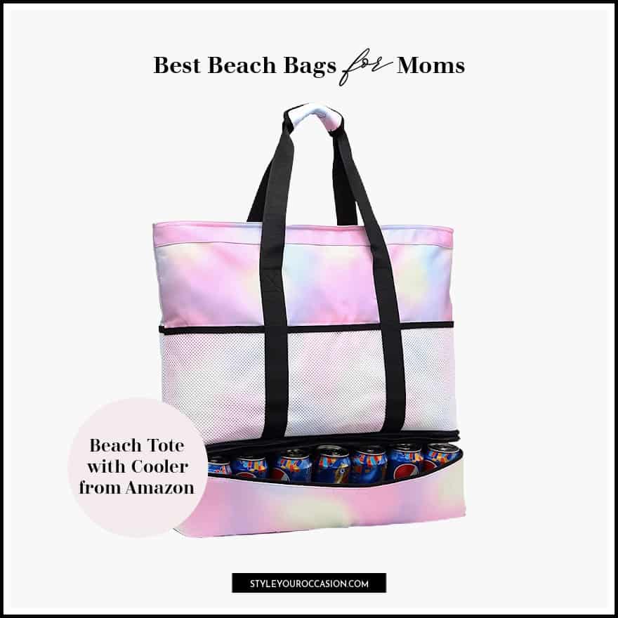 image of a pink water-colour beach bag with black straps and an insulated cooler pouch for drinks at the bottom