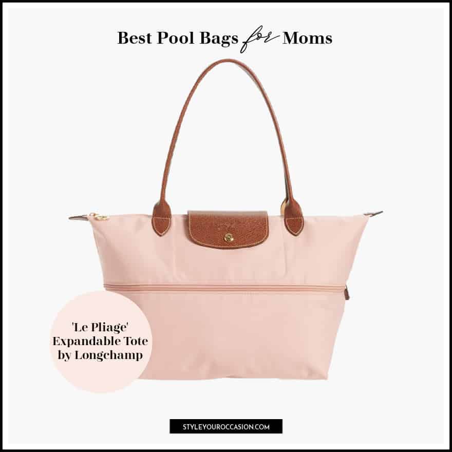 image of a pink nylon expandable tote with leather handle