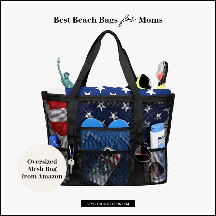 image of a black mesh beach bag with multiple pockets filled with beach items