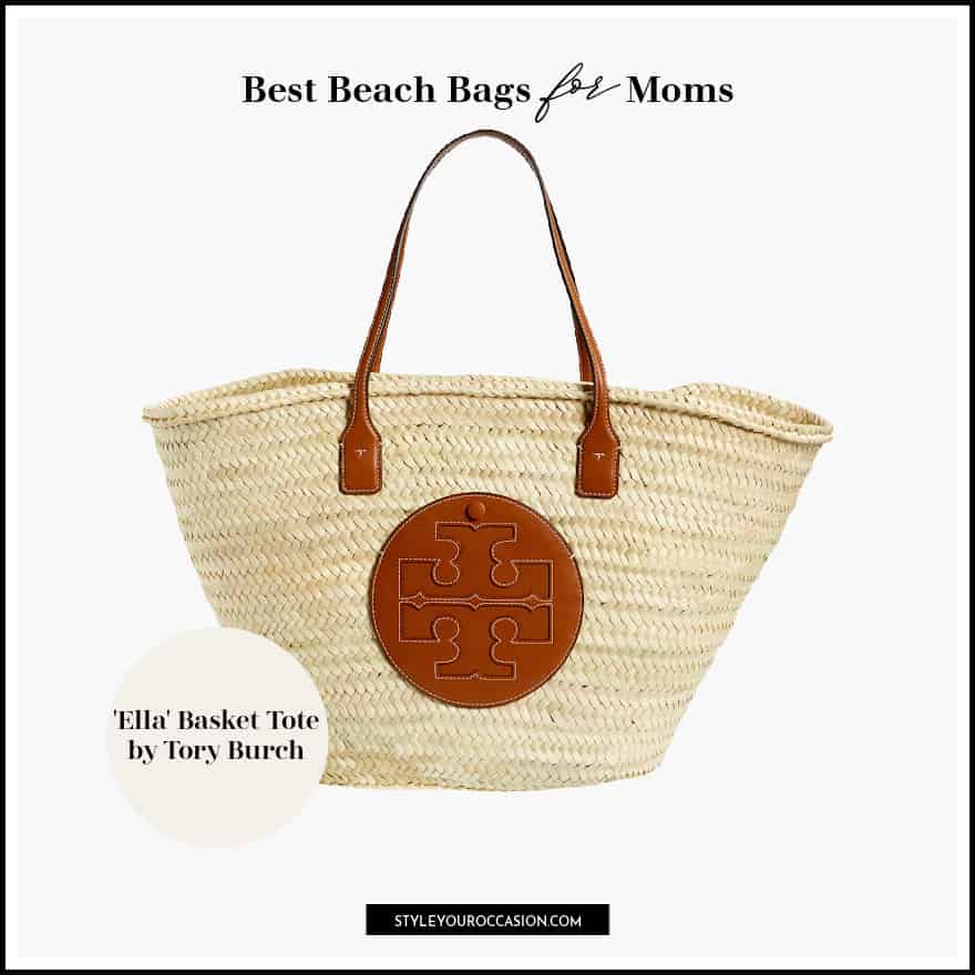 image of a straw basket tote with leather handle and a leather logo patch