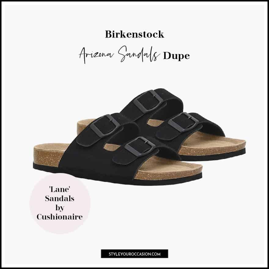 image of a pair of black sandals with a double strap and cork footbed