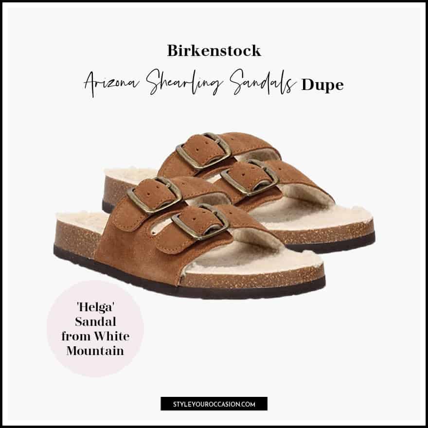 image of a pair of brown faux shearling lined double strap sandals with a cork footbed