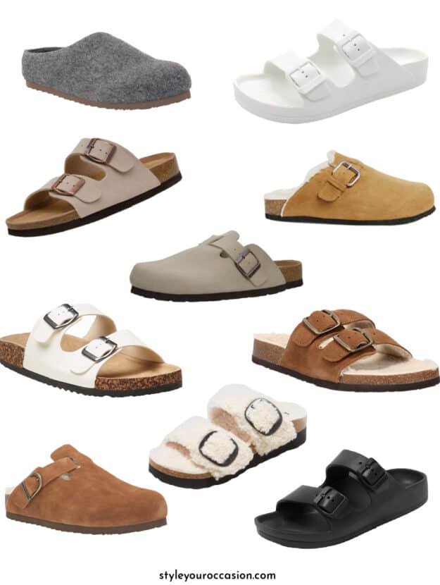 collage of shoes that look like the Birkenstock Arizona sandals or Boston clogs