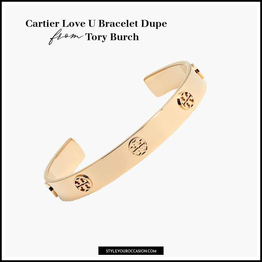 image of a u-shaped gold cuff bracelet that is a Cartier love bracelet dupe