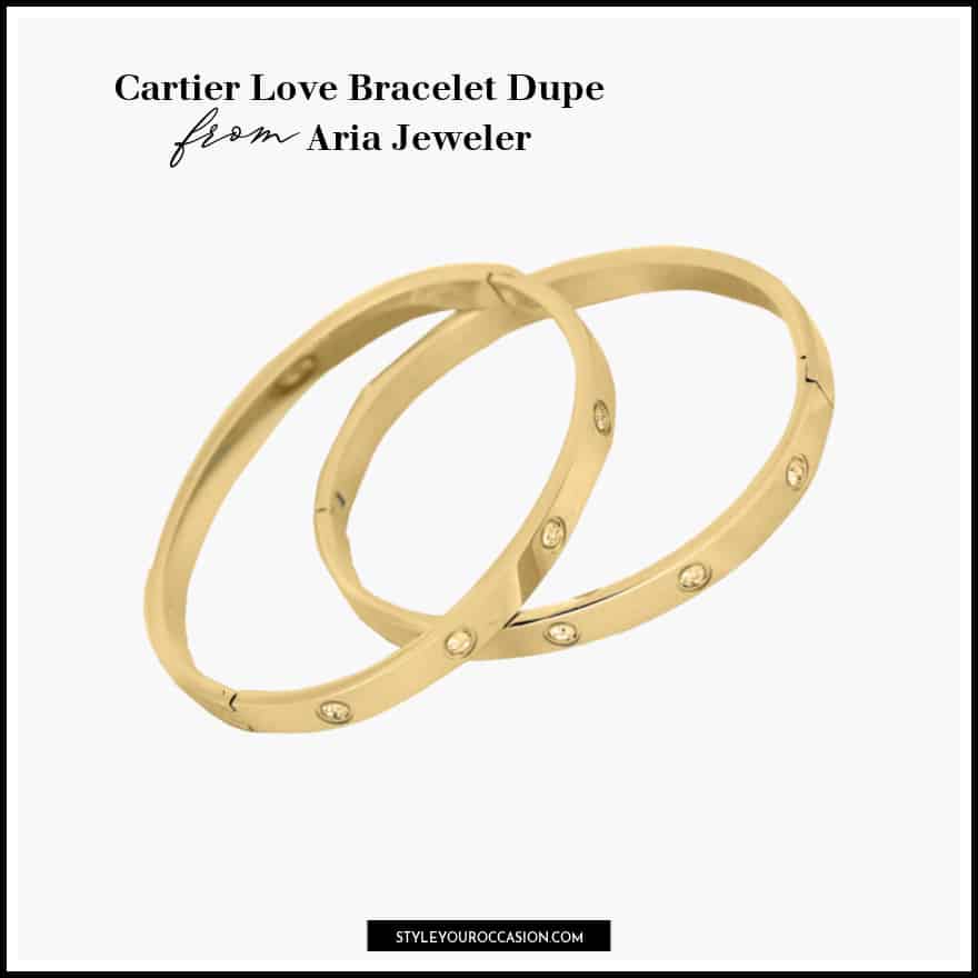 image of two gold bangle bracelets set with cubic zirconia crystals to mimic the Cartier love bracelet