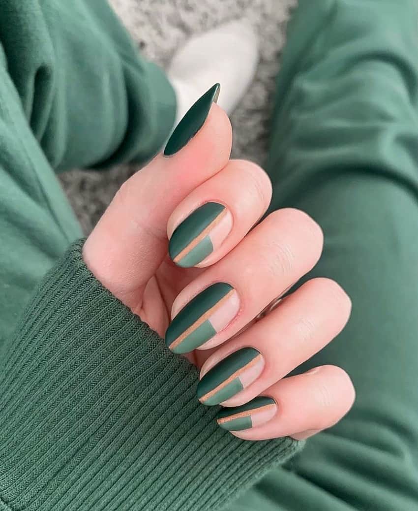 Emerald green, gold and sage green geometric print nails.