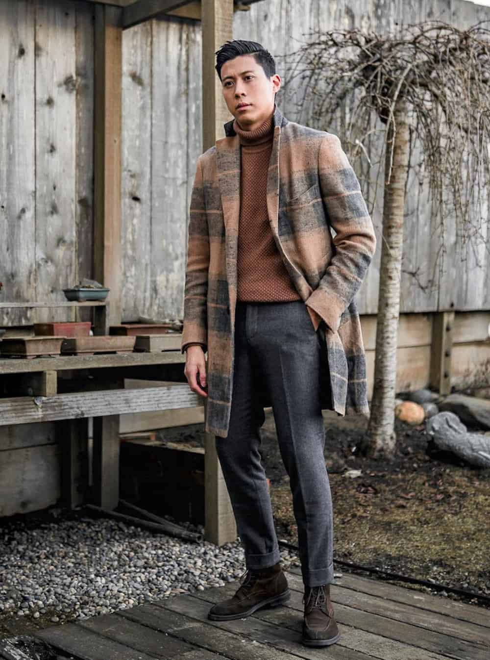 image of an asian man wearing a wool coat, charcoal pants, and brown boots