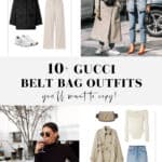 collage of images of women wearing outfits with Gucci belt bags