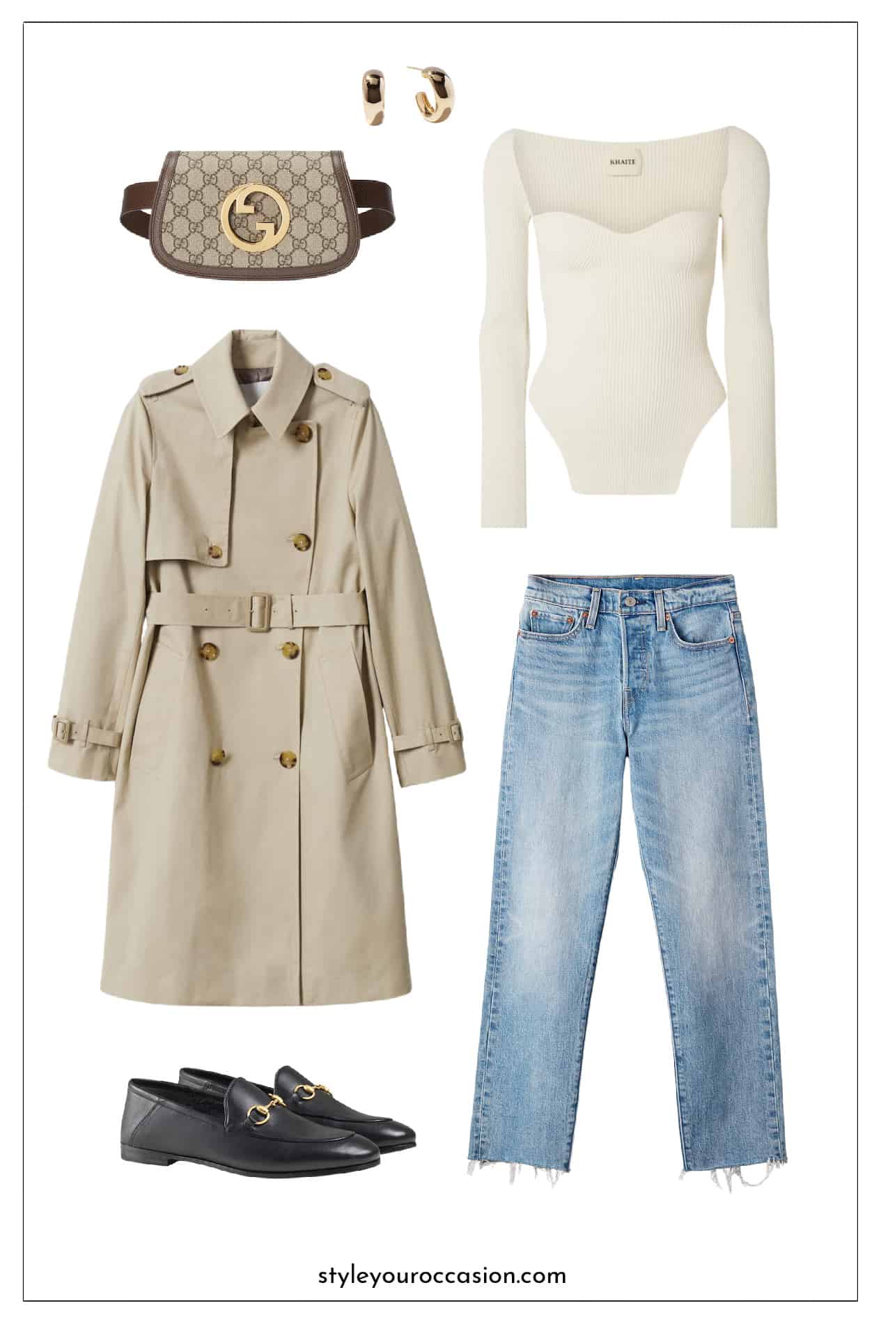 outfit mood board with jeans, a ribbed knit ivory top, tan trench coat, black Gucci loafers, and canvas Gucci belt bag