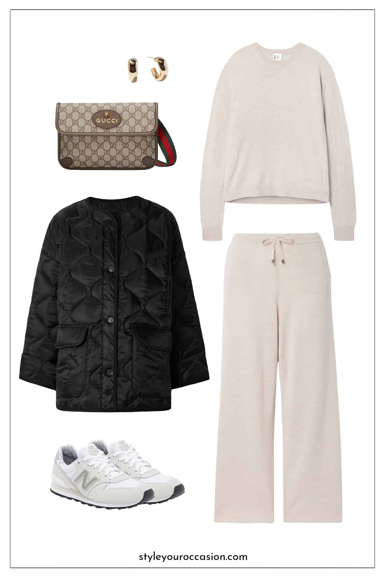 image of an outfit mood board with a matching ecru knit sweater and pants set, quilted black jacket, Gucci supreme belt bag, and white sneakers