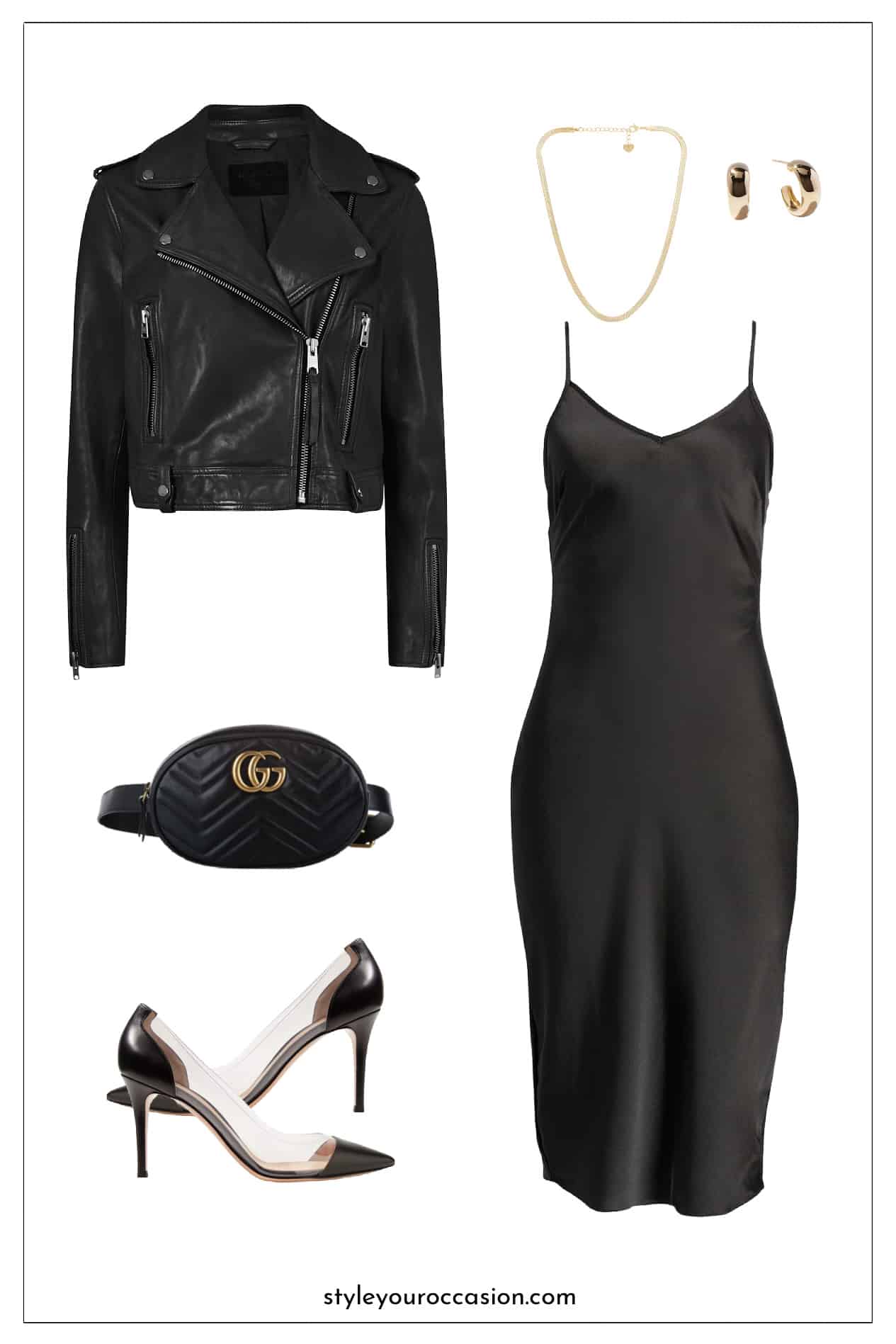 image of an outfit mood board with a black slip dress, black and pvc clear pumps, black Gucci belt bag, and a black leather jacket with gold jewelry