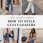 collage of images of women wearing outfits with Gucci loafers