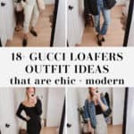 collage of images of women wearing outfits with Gucci loafers