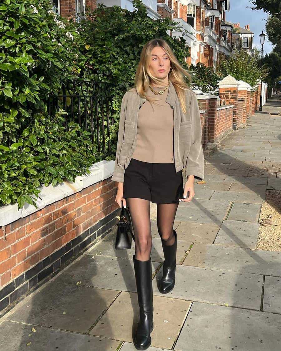image of a woman wearing shorts, sheer tights, and riding boots