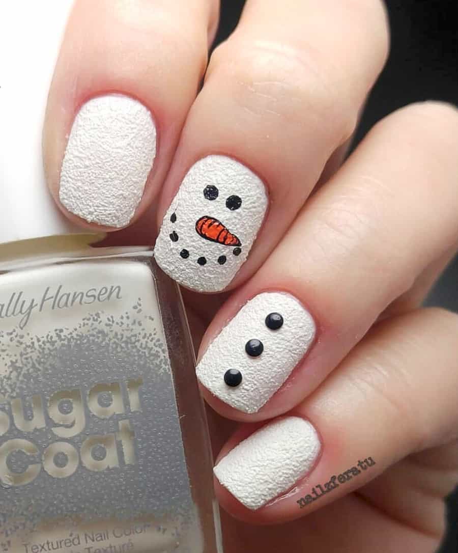 image of a hand with white textured nails with a snowman