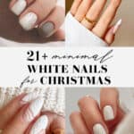collage of images of hands with white Christmas nail art and designs