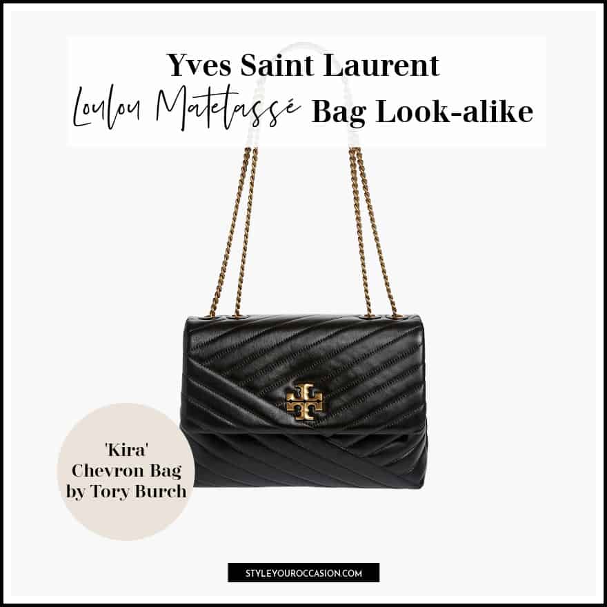 image of a black quilted bag in a chevron pattern with a gold monogram and gold chain strap