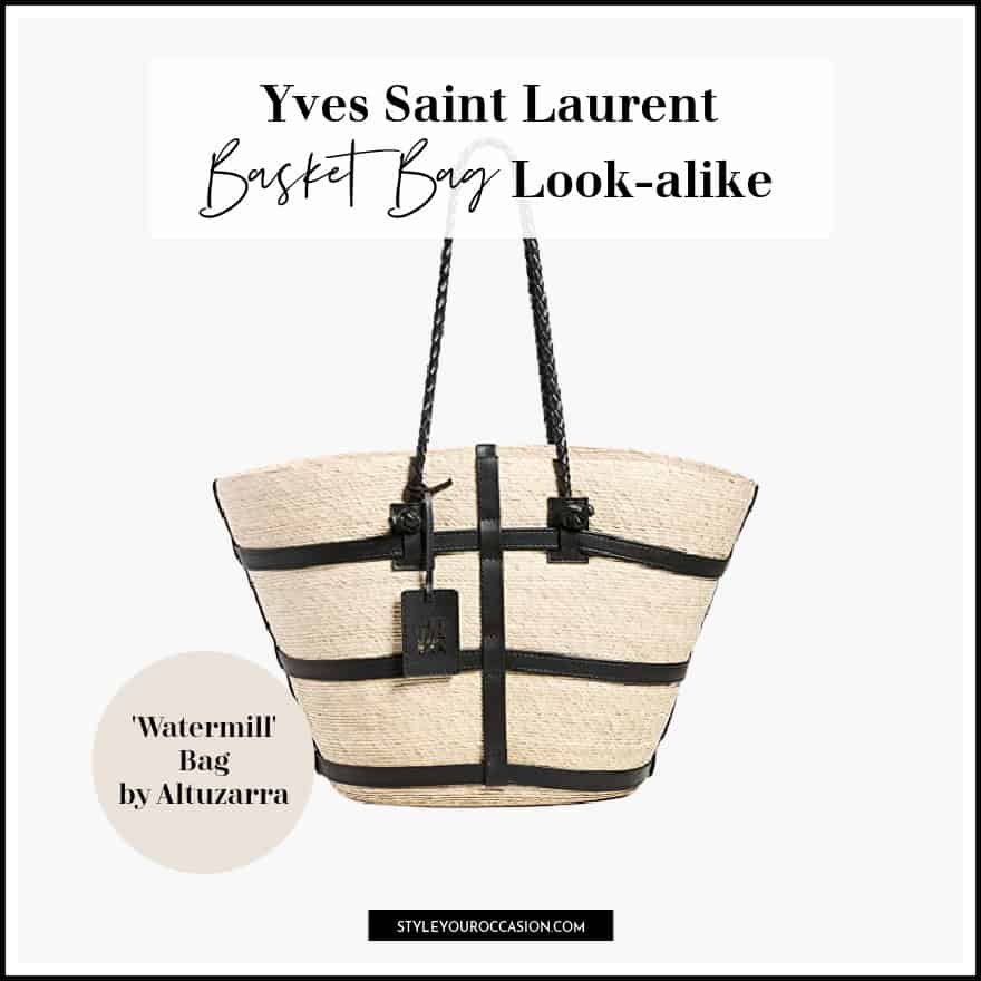image of a straw tote bag with black leather strap and criss cross detail