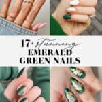 collage of hands with emerald green nail designs