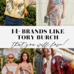 collage of images of women in stylish outfits with leather bags