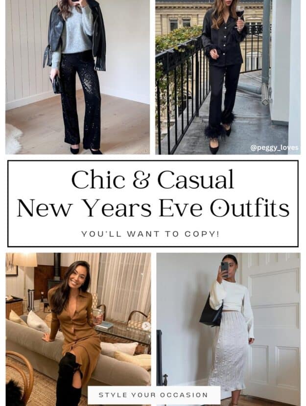 collage of four images of women wearing chic and casual New Years Eve outfits with black and neutrals