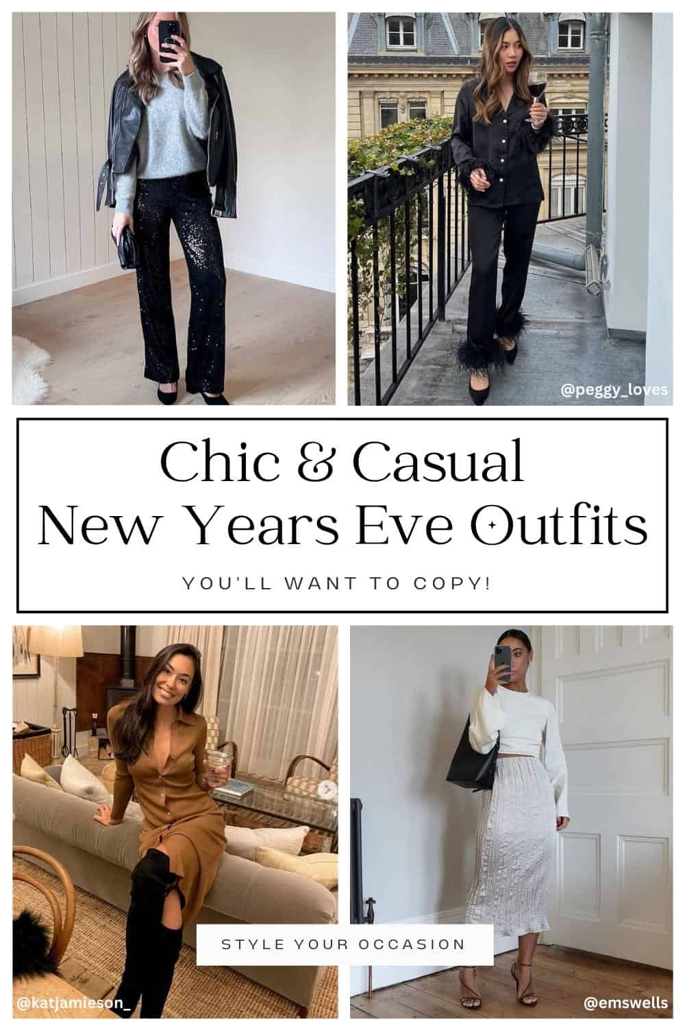 collage of four images of women wearing chic and casual New Years Eve outfits with black and neutrals