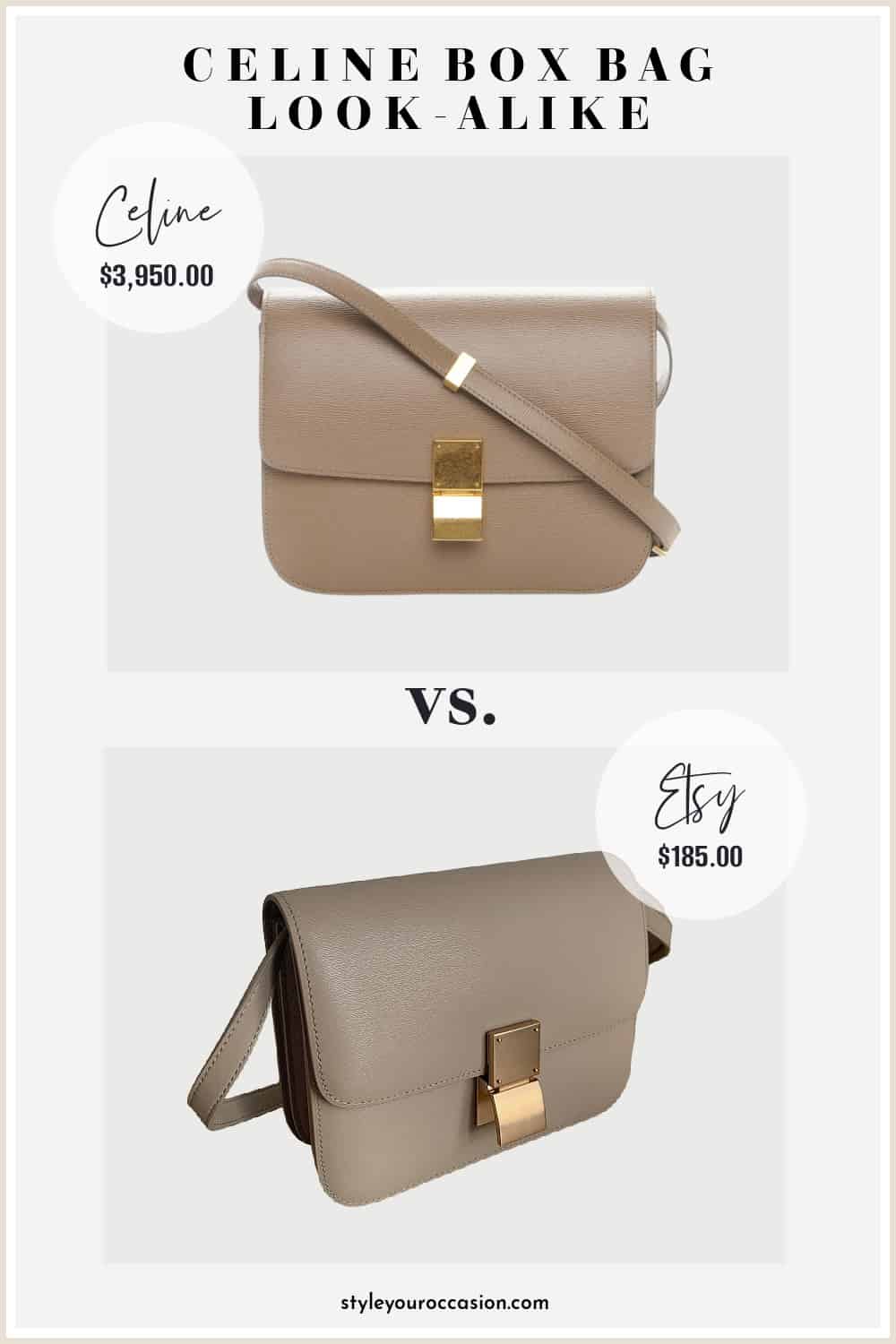 image comparing two taupe leather box bags with gold clasps that look similar