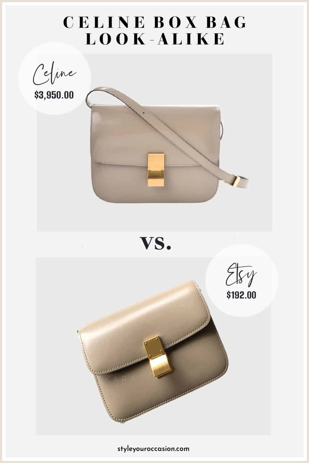 image comparing two brown leather box bags with gold clasps that look very similar