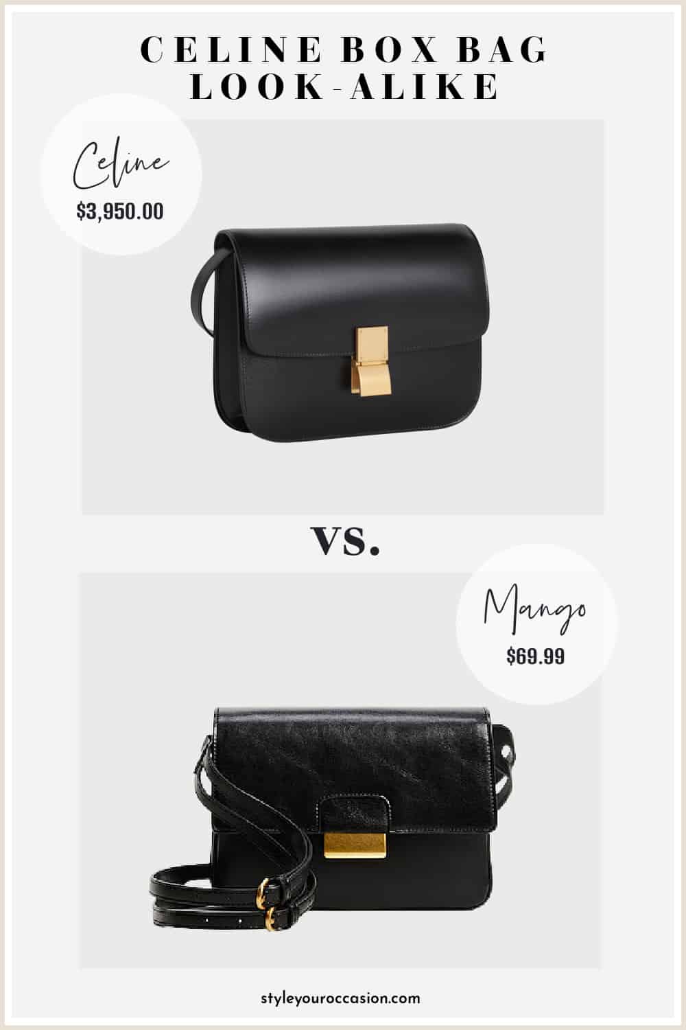 image comparing two black leather box bags that look similar