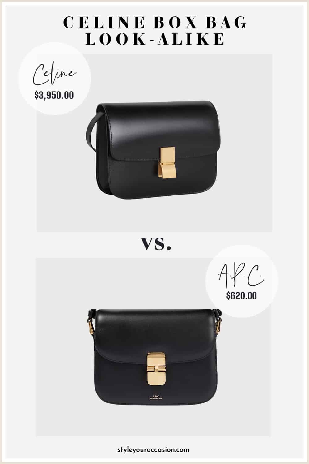 image comparing two black leather box bags with gold clasps that look similar