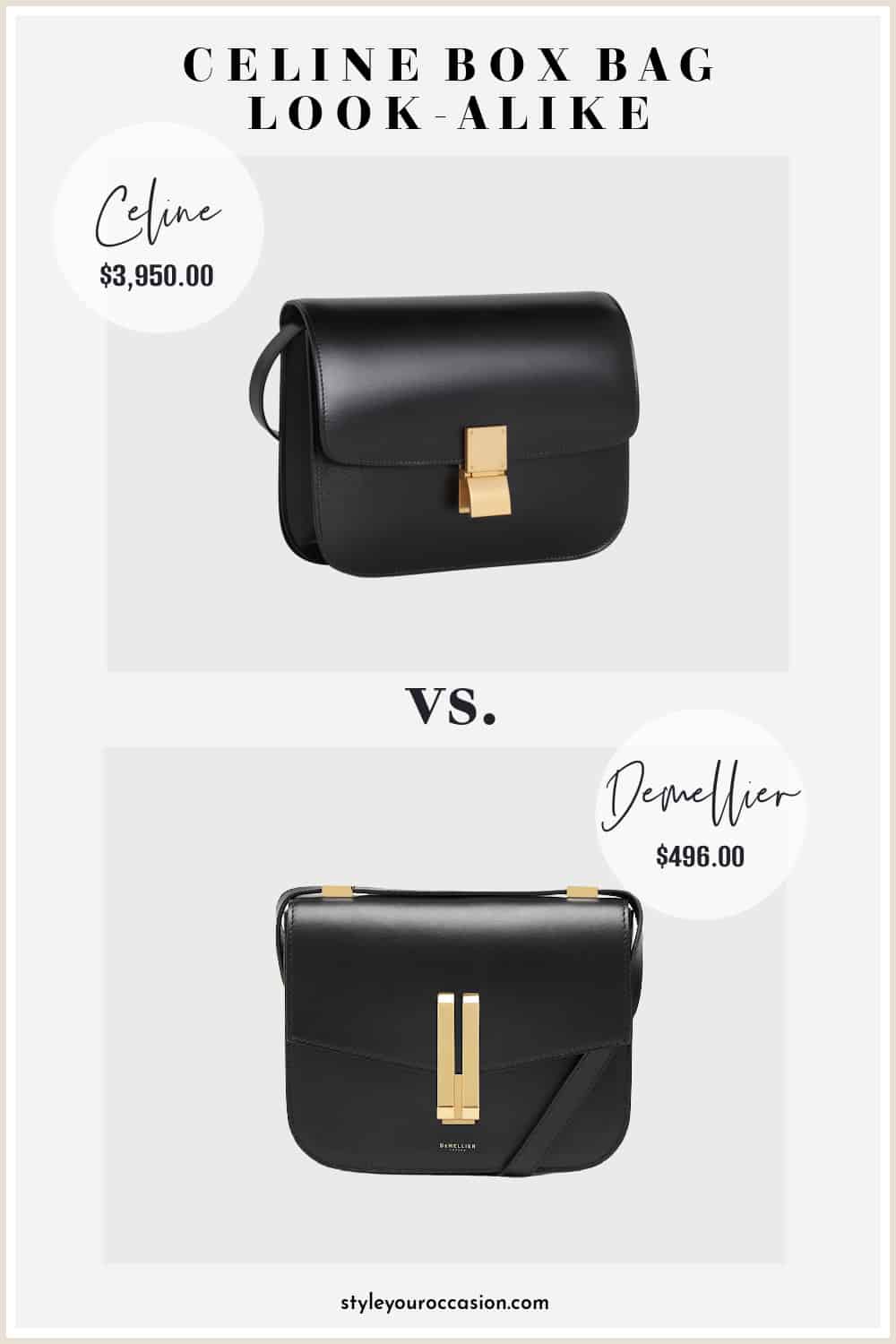 image comparing two black leather box shoulder bags that look similar
