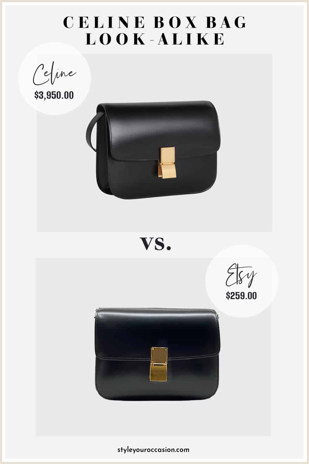 image comparing two black leather box bags that look very similar