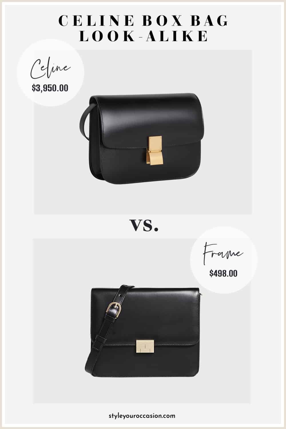 image comparing two black leather box bags with metal clasps that look similar