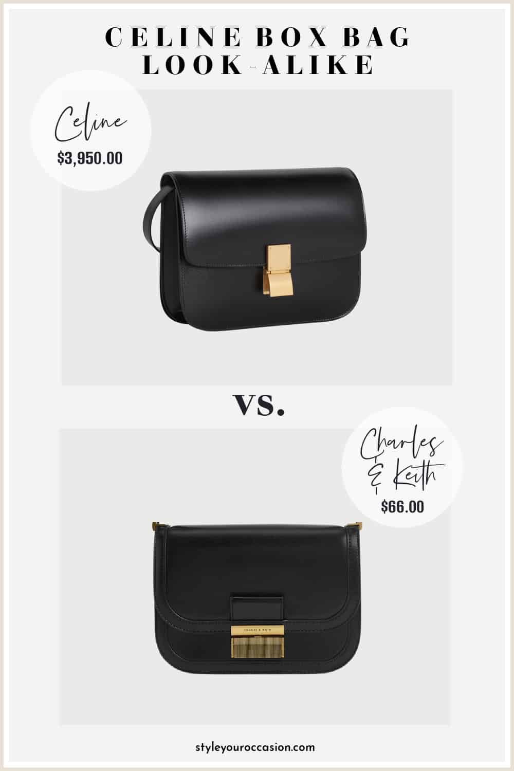 image comparing two black leather box bags that look similar