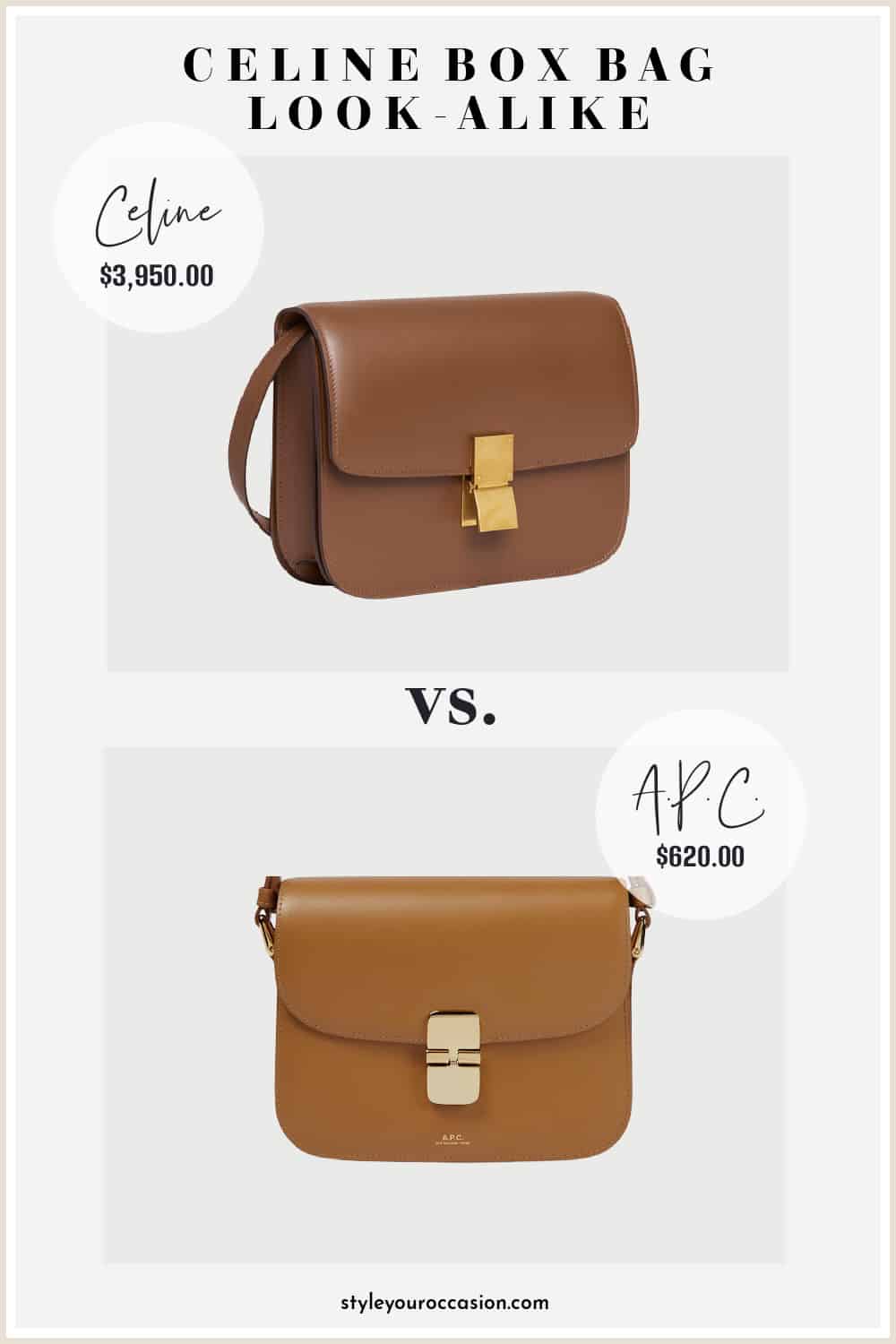 image comparing two brown leather box bags with gold clasps that look similar