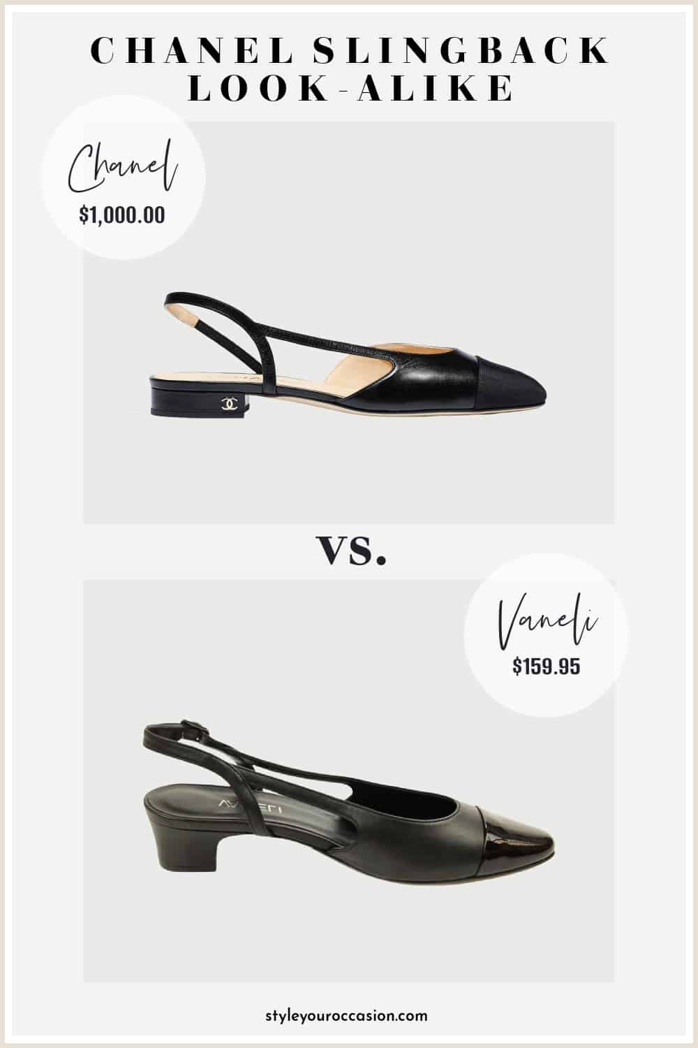 image comparing a low black Chanel slingback pump with a look-alike shoe