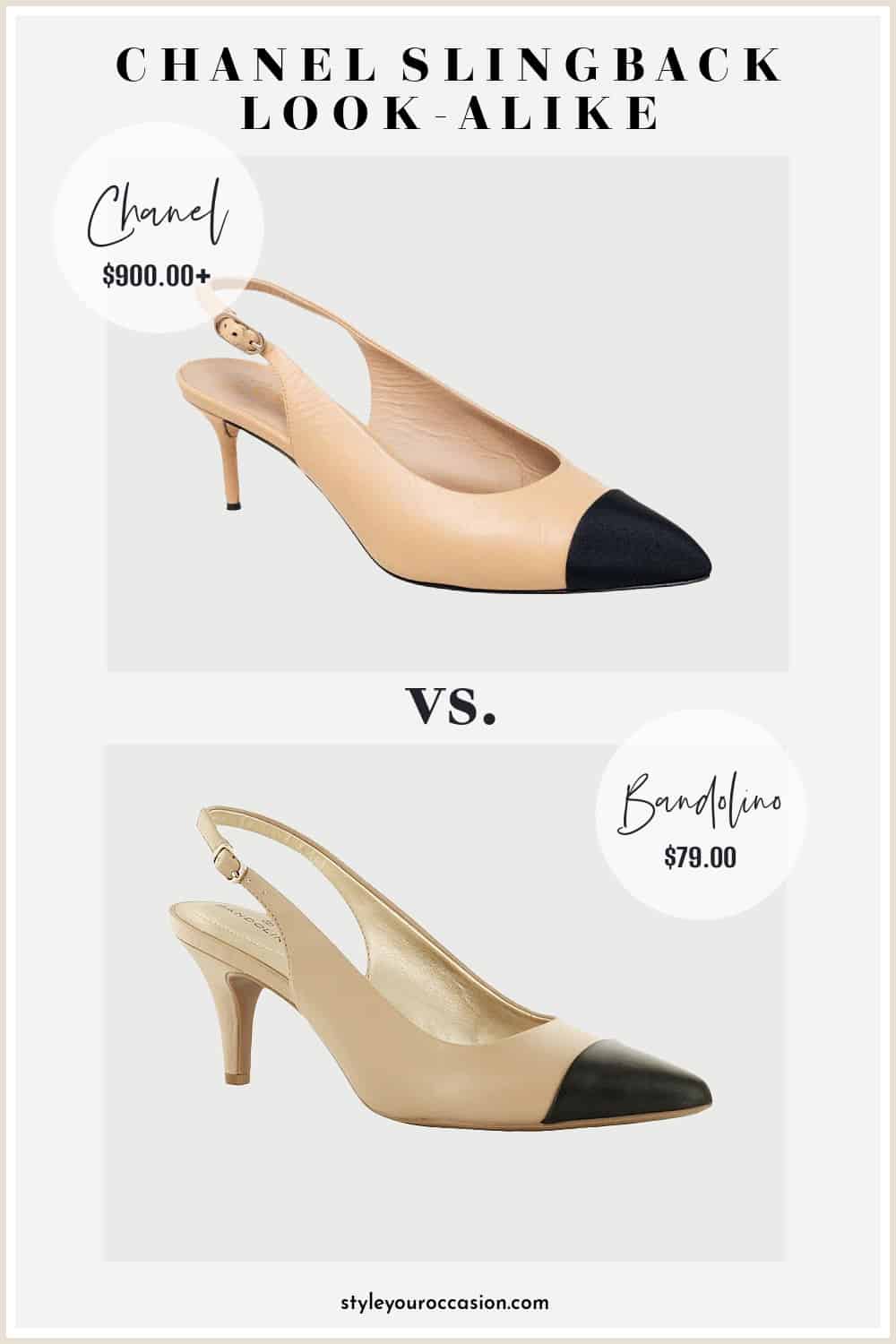 image comparing a vintage Chanel slingback pump with a look-alike shoe