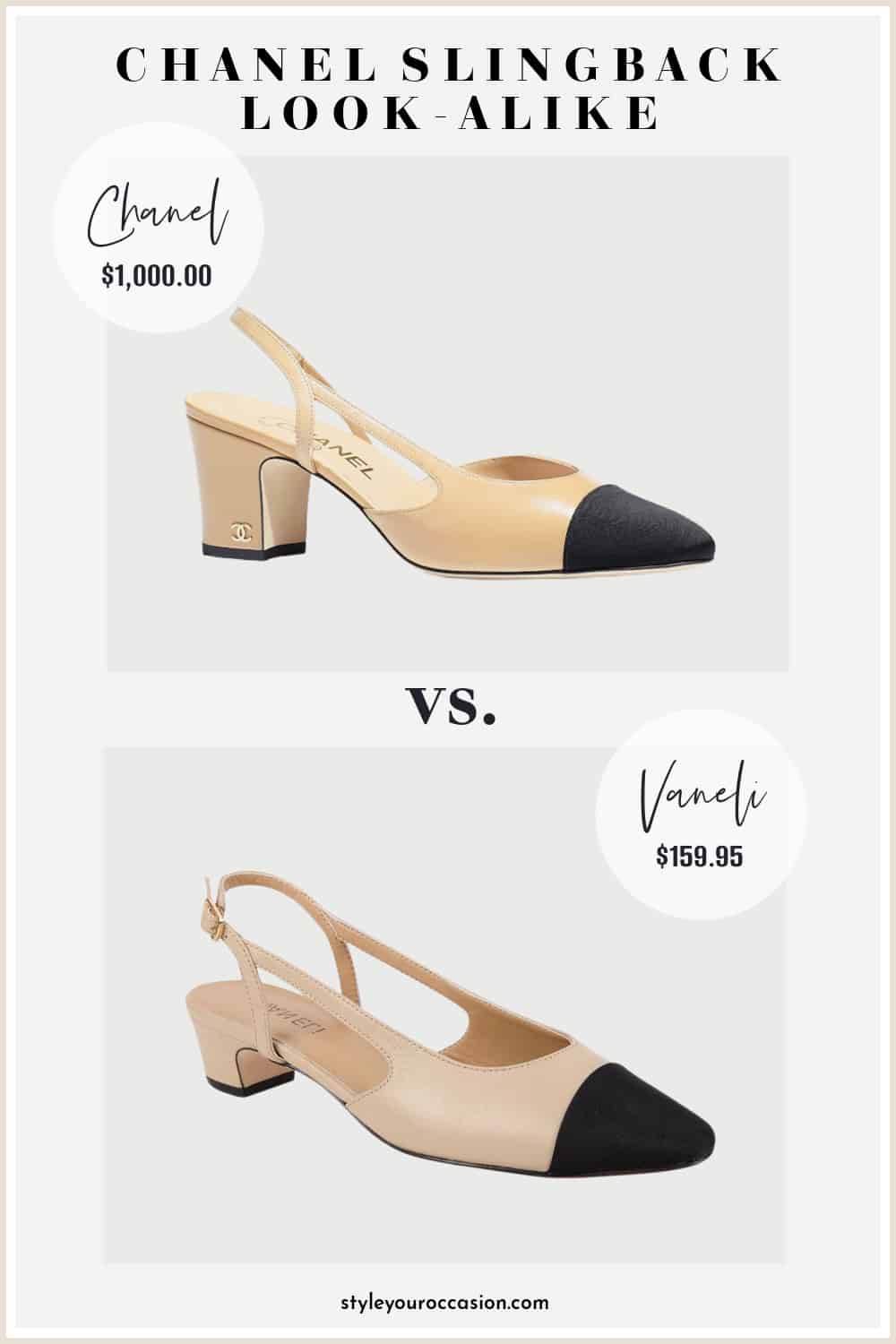 image comparing a Chanel slingback pump with a look-alike shoe