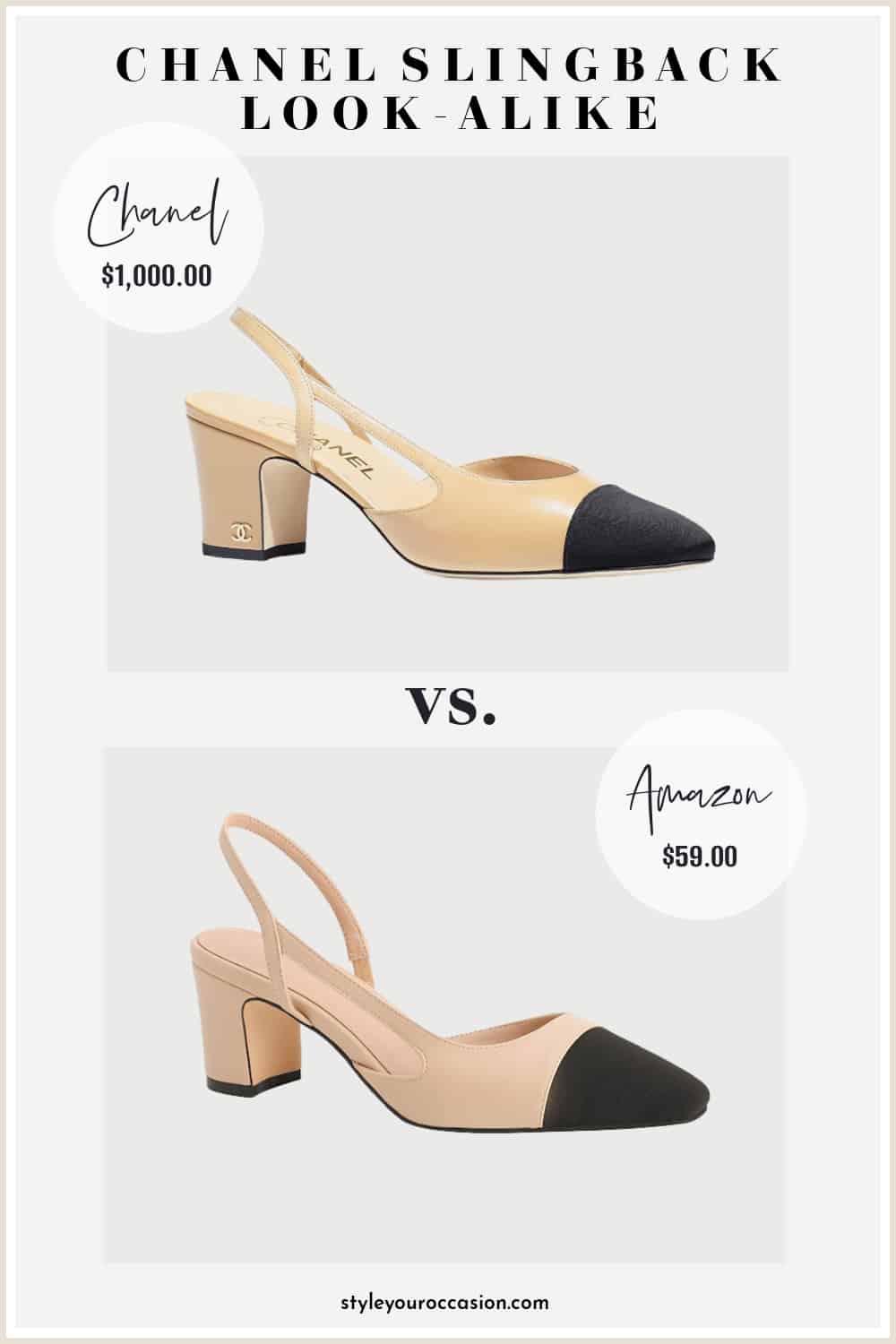 image comparing a beige Chanel slingback pump with a look-alike shoe