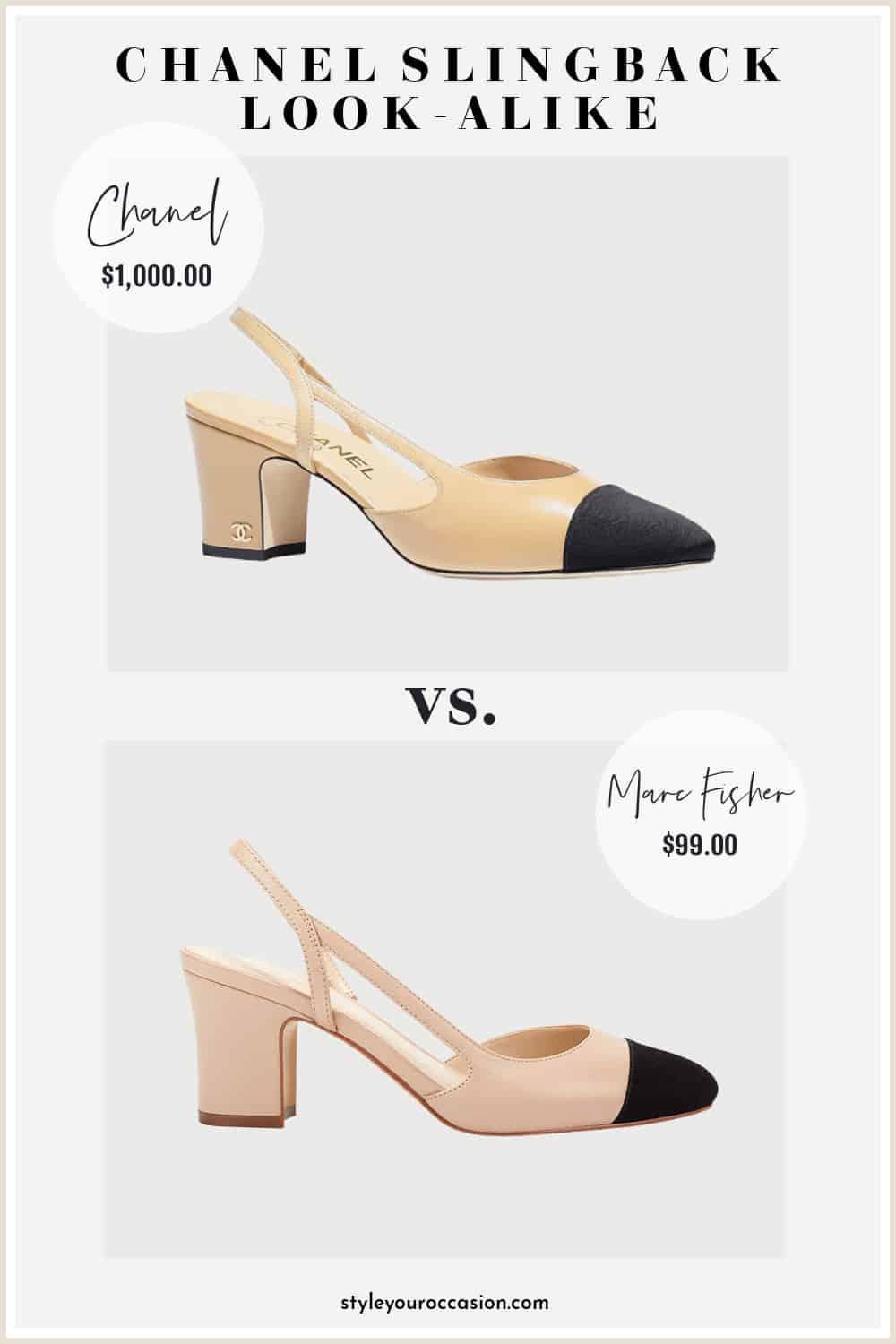 image comparing a tan Chanel slingback pump with a look-alike shoe
