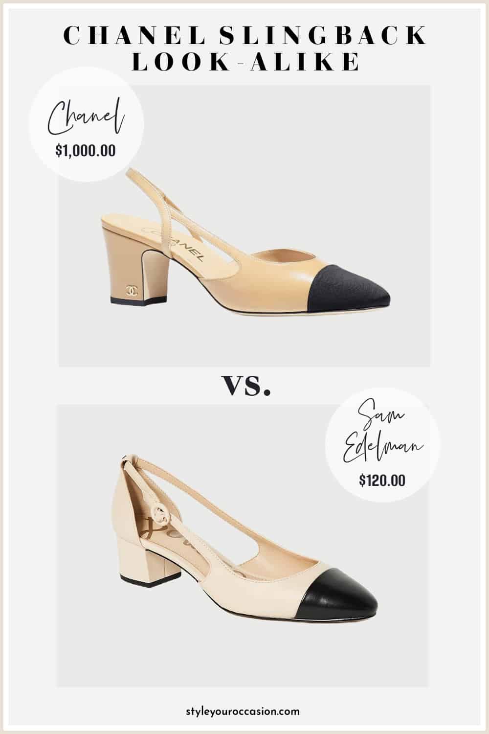image comparing a Chanel slingback pump with a very good look-alike shoe