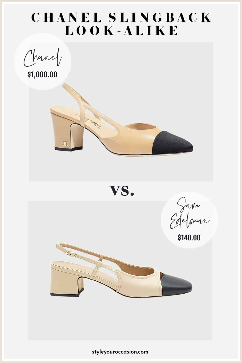 image comparing a Chanel slingback pump with a very similar look-alike shoe