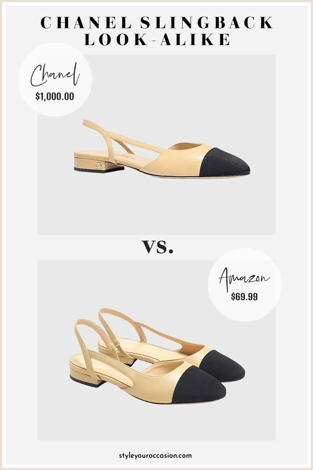 image comparing a low Chanel slingback pump with a look-alike shoe